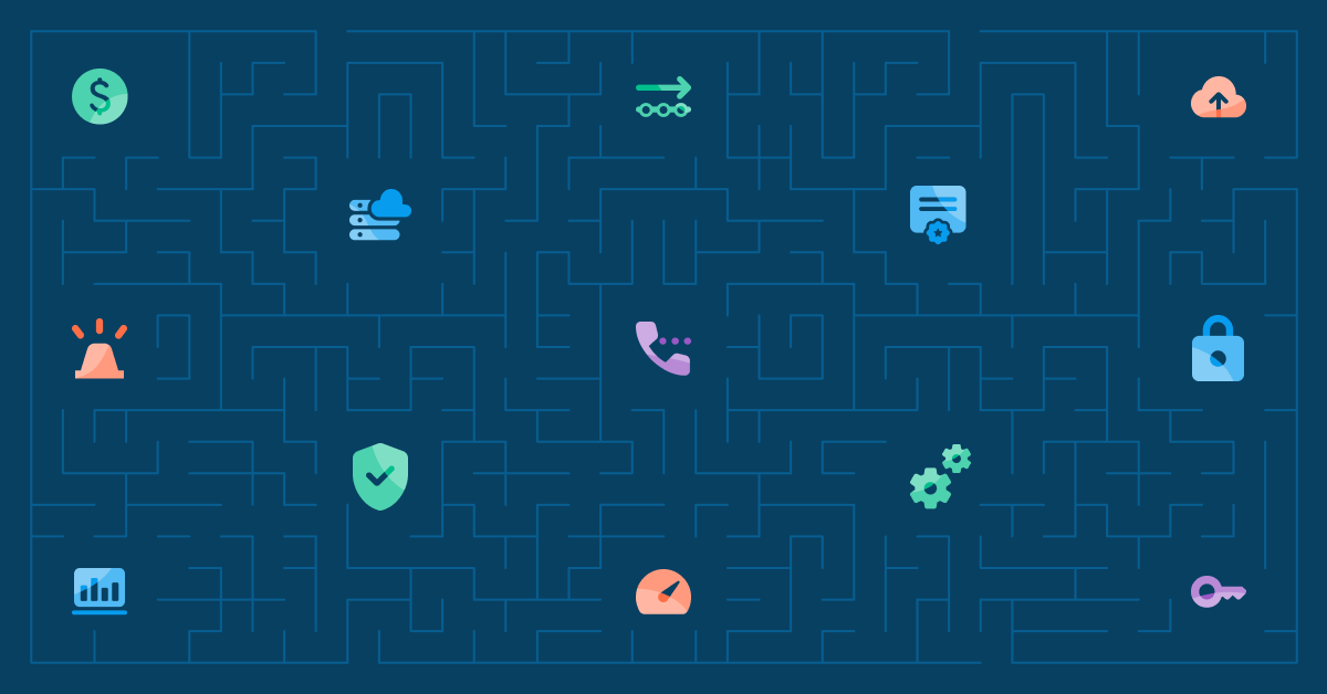 Blue maze with icons spread across