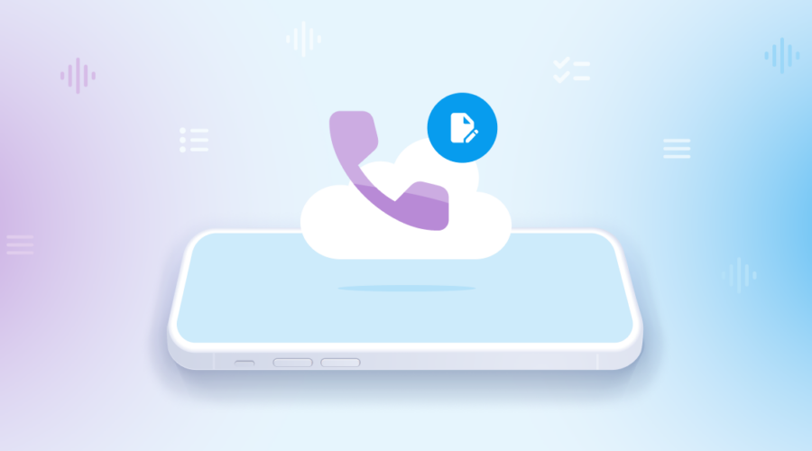 Real-time vs. Batch Transcription: Purple phone on cloud floating above phone