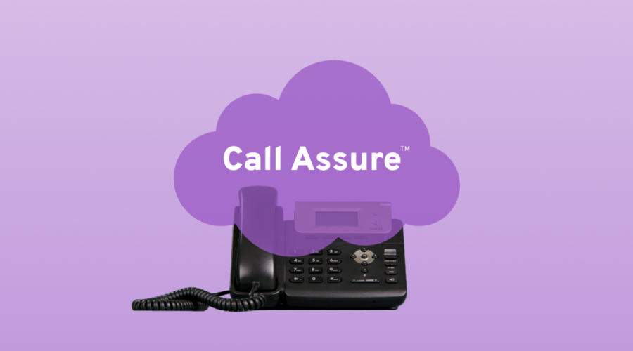 Purple cloud labeled "Call Assure" on top of desk phone