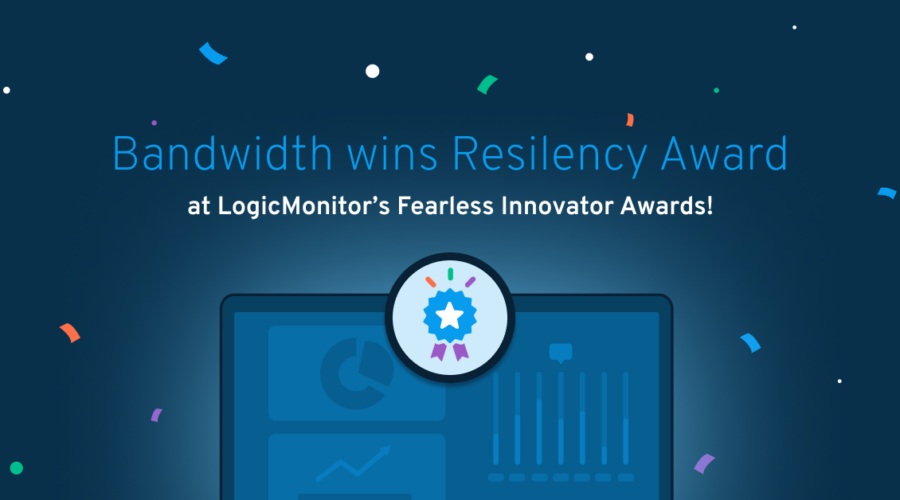 A monitor showing an award and the announcement that Bandwidth won the Resiliency Award at LogicMonitor awards 2022