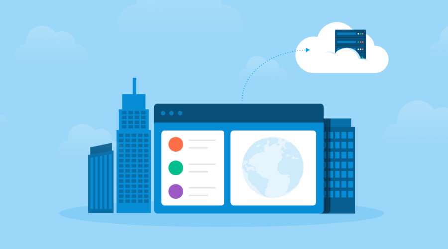 Blue buildings and server in the cloud